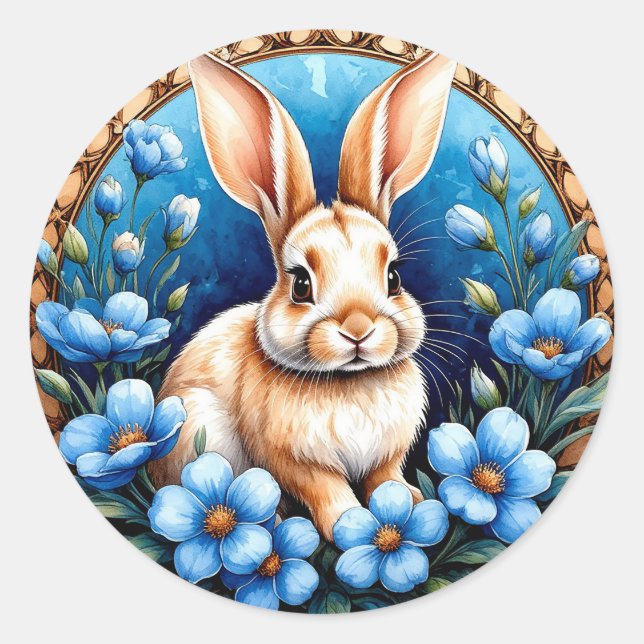 Rabbit Surrounded by Blue Flowers Classic Round Sticker (Front)