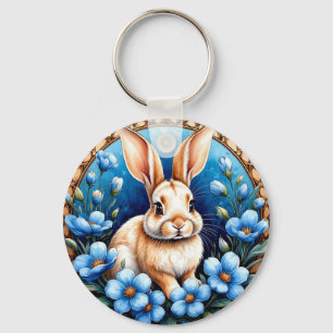 Rabbit Surrounded by Blue Flowers Key Ring