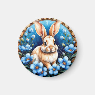 Rabbit Surrounded by Blue Flowers Magnet