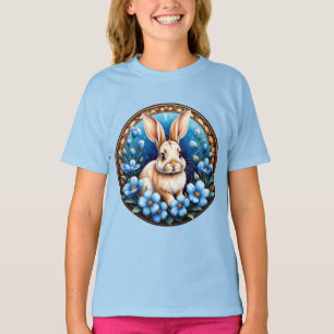 Rabbit Surrounded by Blue Flowers T-Shirt