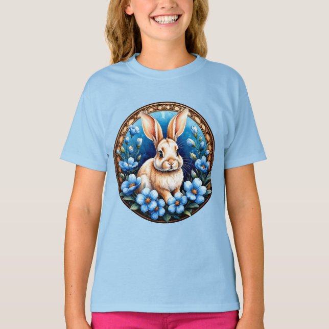 Rabbit Surrounded by Blue Flowers T-Shirt (Front)