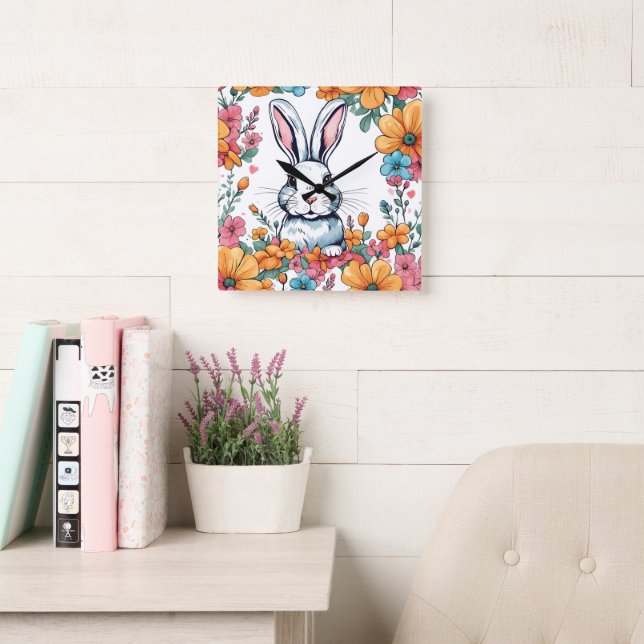 Rabbit surrounded by flowers square wall clock (Reading Room)