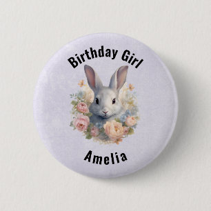 Rabbit Surrounded by Pastel Flowers Birthday Girl  6 Cm Round Badge