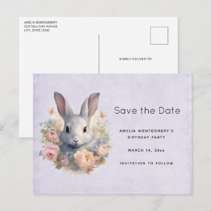 Rabbit Surrounded by Pastel Flowers Cute Announcement Postcard
