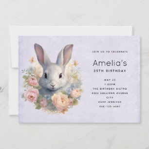 Rabbit Surrounded by Pastel Flowers Cute Birthday Invitation
