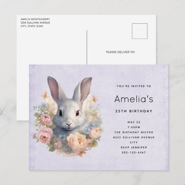 Rabbit Surrounded by Pastel Flowers Cute Birthday Invitation Postcard (Front/Back)