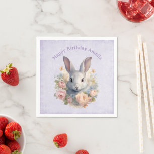 Rabbit Surrounded by Pastel Flowers Cute Birthday Napkin