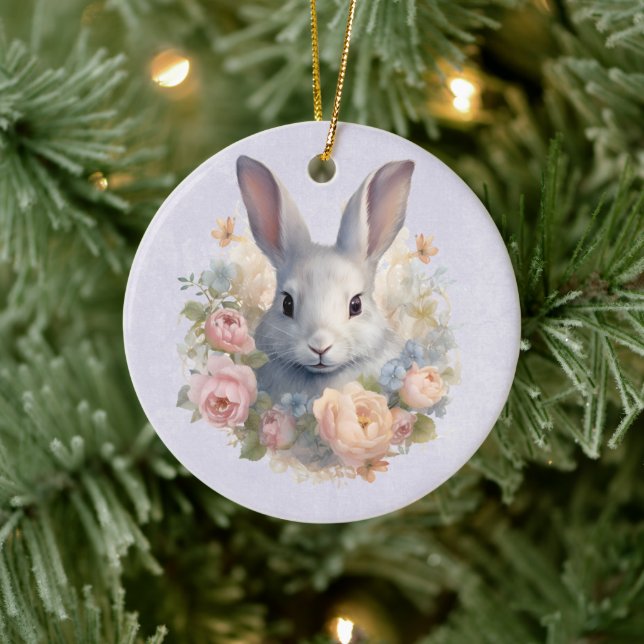 Rabbit Surrounded by Pastel Flowers Cute Ceramic Tree Decoration (Tree)