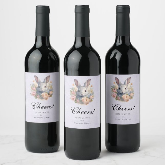 Rabbit Surrounded by Pastel Flowers Cute Cheers Wine Label (Bottles)