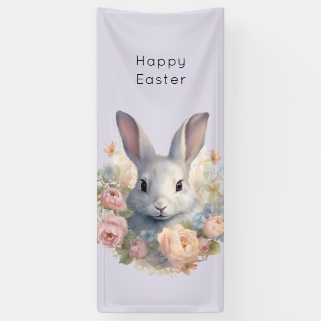 Rabbit Surrounded by Pastel Flowers Cute Easter Banner (Vertical)