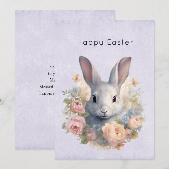 Rabbit Surrounded by Pastel Flowers Cute Easter Holiday Card (Front/Back)