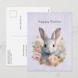 Rabbit Surrounded by Pastel Flowers Cute Easter Holiday Postcard