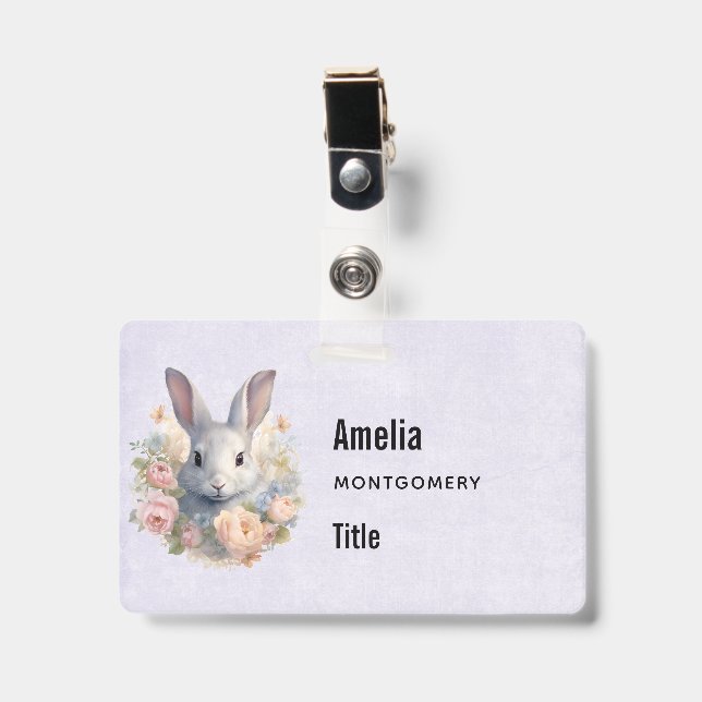 Rabbit Surrounded by Pastel Flowers Cute ID Badge (Front with Clip)