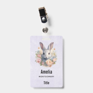 Rabbit Surrounded by Pastel Flowers Cute ID Badge
