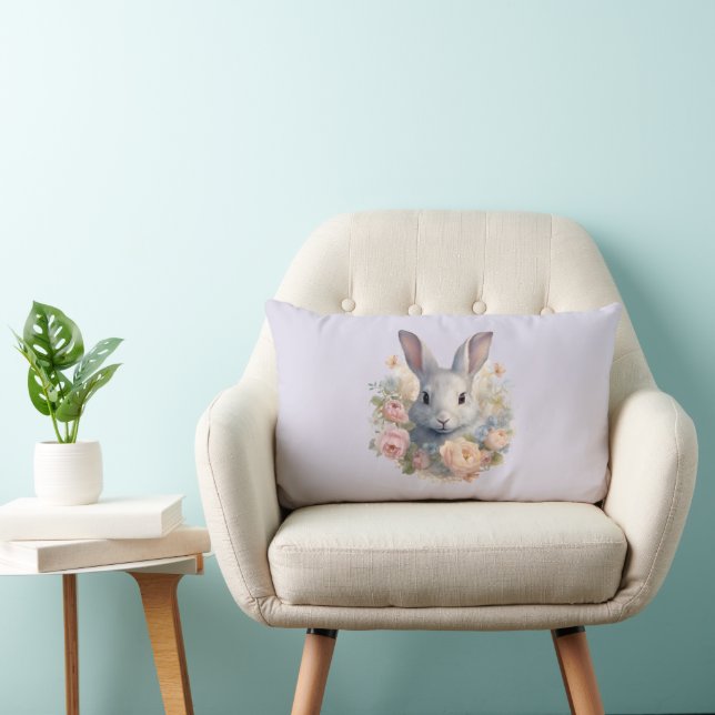 Rabbit Surrounded by Pastel Flowers Cute Lumbar Cushion (Chair)