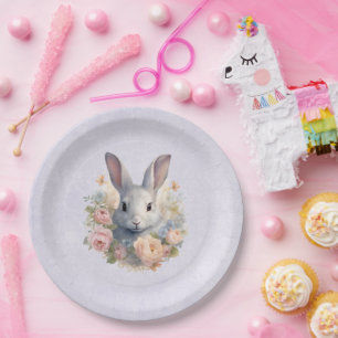 Rabbit Surrounded by Pastel Flowers Cute Paper Plate