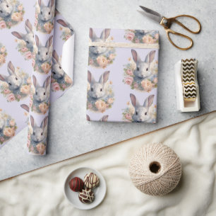 Rabbit Surrounded by Pastel Flowers Cute Pattern Wrapping Paper