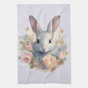 Rabbit Surrounded by Pastel Flowers Cute Tea Towel