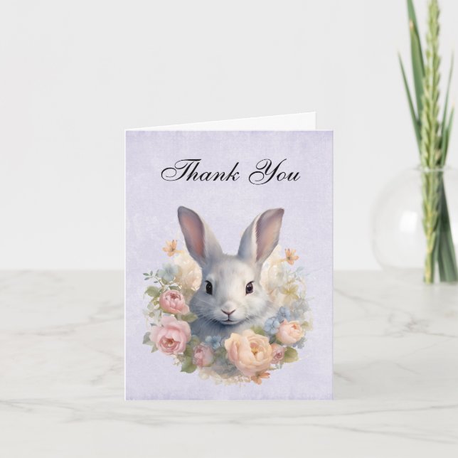 Rabbit Surrounded by Pastel Flowers Cute Thank You Card (Front)