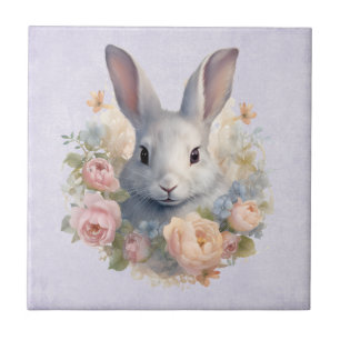 Rabbit Surrounded by Pastel Flowers Cute Tile
