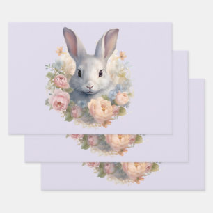 Rabbit Surrounded by Pastel Flowers Cute Wrapping Paper Sheet