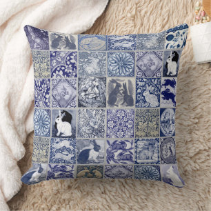 Rabbit Tile Mosaic Pattern Blue White Grey Vintage Cushion