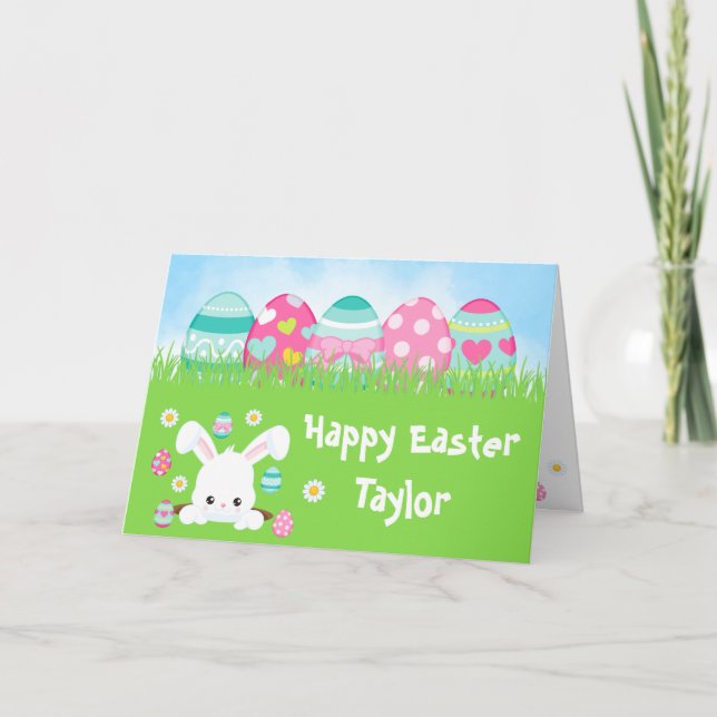 Rabbit Turquoise Blue and Pink Eggs Happy Easter Card (Front)