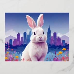 Rabbit Vintage Animal Nature Tree Forest City Art Foil Holiday Postcard