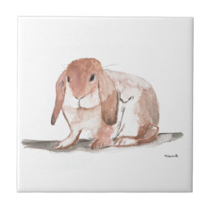 Rabbit watercolour painting Brown Vintage Tile