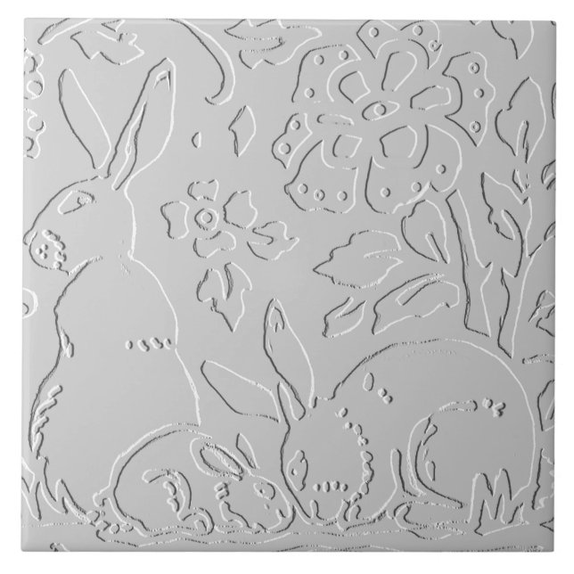 Rabbit White Grey Black Embossed  Woodland Animal Tile (Front)