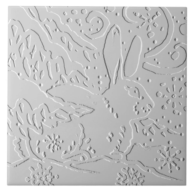 Rabbit White Grey Embossed Woodland Snow Winter Tile (Front)