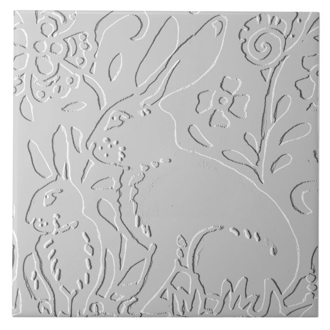 Rabbit White Grey Floral Embossed Woodland Animal Tile (Front)