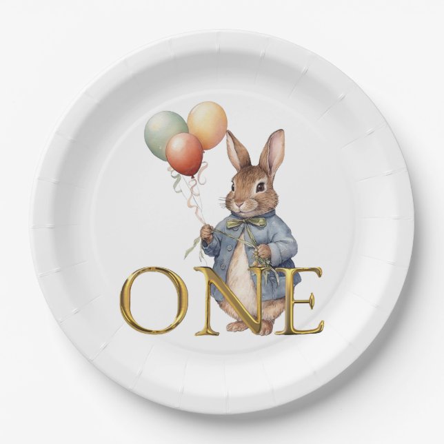 Rabbit with balloons First Birthday ONE Paper Plate (Front)