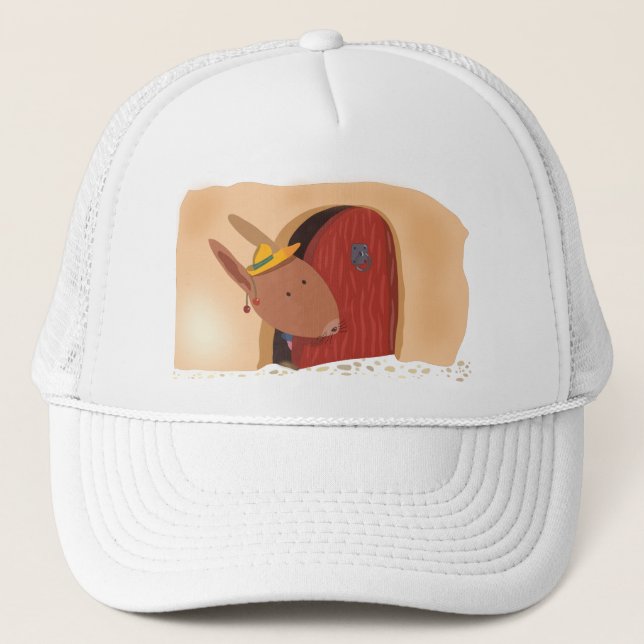 Rabbit with cherry hat, light beige trucker hat (Front)