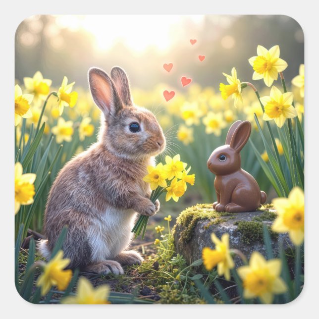 Rabbit with Daffodils for Chocolate Easter Bunny Square Sticker (Front)
