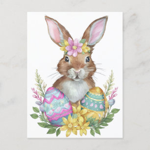 Rabbit with eggs and flowers holiday postcard