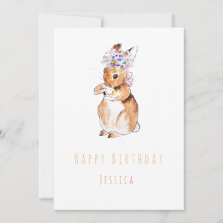 Rabbit with flowers Happy birthday greeting card