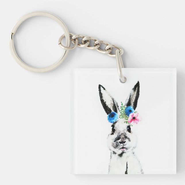 Rabbit with Flowers Key Ring (Front)