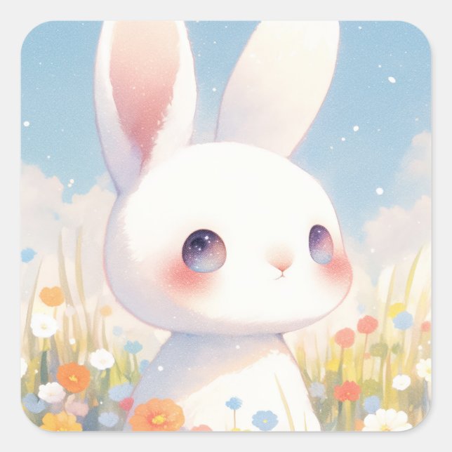 Rabbit with Galaxy Eyes in Colorful Wildflower Square Sticker (Front)