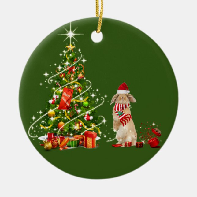 Rabbit With Hat Scafts  Christmas Ceramic Tree Decoration (Front)