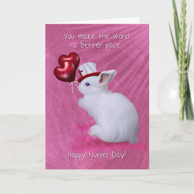 Rabbit With Heart Balloons And Cute Hat Nurses Day Card (Front)