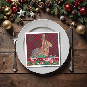 Rabbit with Holly Berries and Plaid Napkin