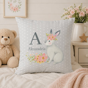 Rabbit with Pink Flowers Monogram Cushion
