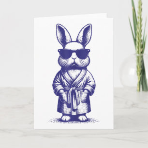 Rabbit With Robe And Sungles Blue Retro Easter Bun Card