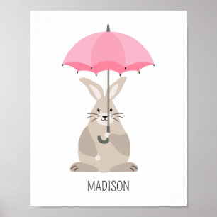 Rabbit with umbrella custom name nursery wall art