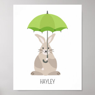 Rabbit with umbrella custom name nursery wall art 