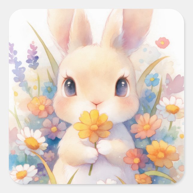 Rabbit with Yellow Flower and Spring Wildflower Square Sticker (Front)