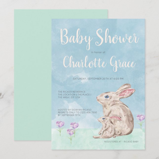 Rabbit Woodland Watercolor Unisex Baby Shower Invitation (Front/Back)