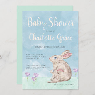 Rabbit Woodland Watercolor Unisex Baby Shower Invitation