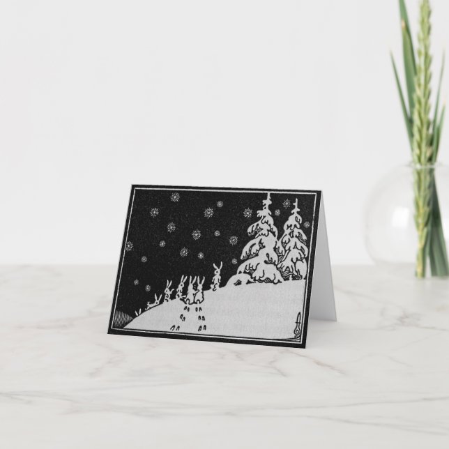 Rabbits and Christmas Tree Winter Holiday Art (Front)